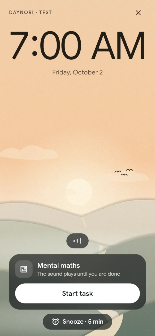 Daynori: the alarm rings at 07:00 above the morning landscape.