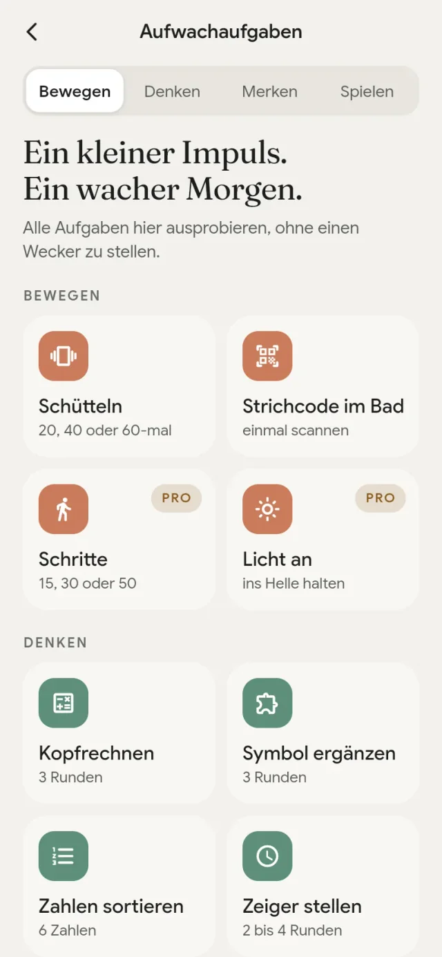 Daynori: Die Bibliothek der Aufwachaufgaben in der App.