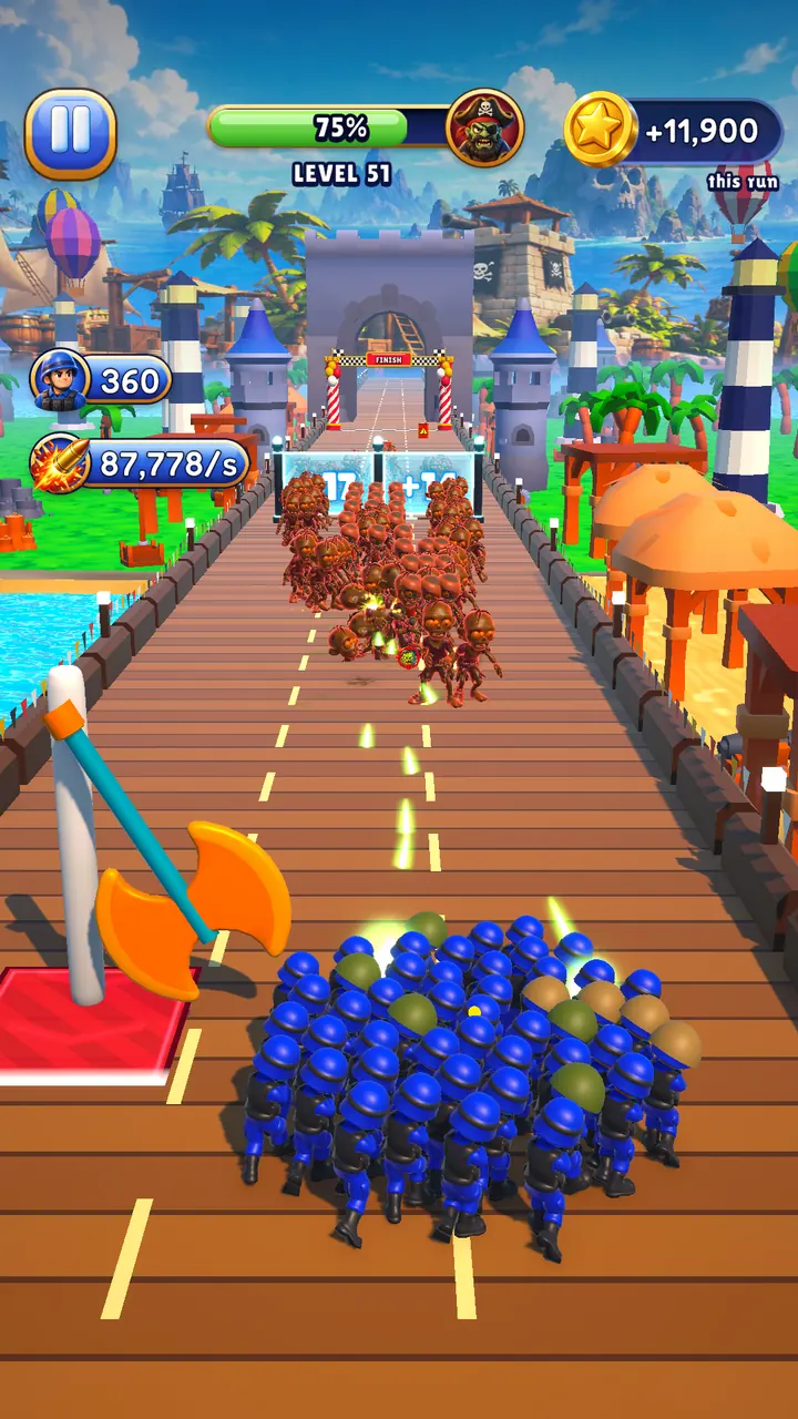 Lane Shooter: level 51 in Pirate Cove, a squad of 360 soldiers storms along the pier towards the horde